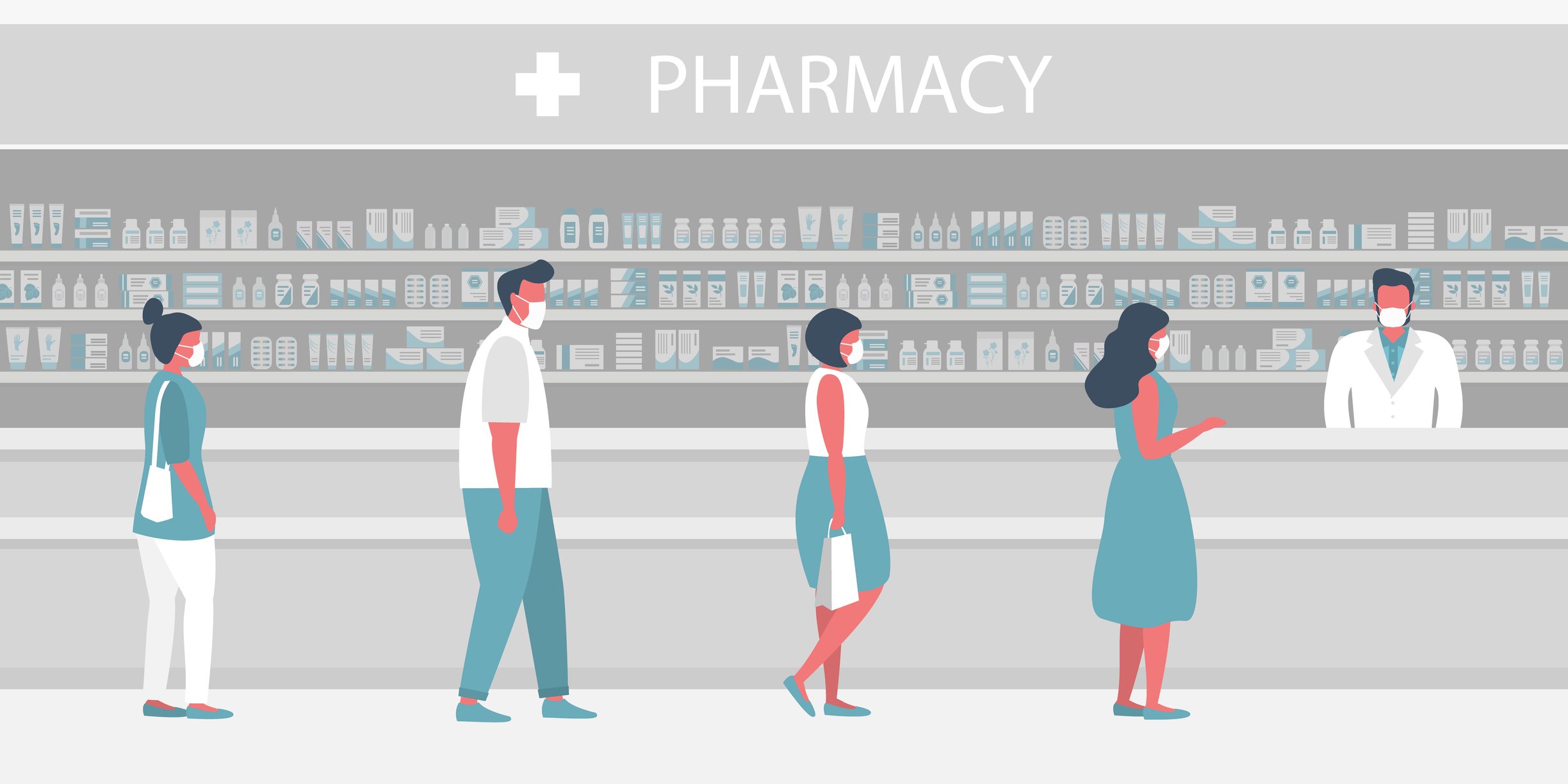 Illustration of a pharmacy counter with four socially distanced customers waiting in line.