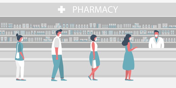 Illustration of a pharmacy counter with four socially distanced customers waiting in line.