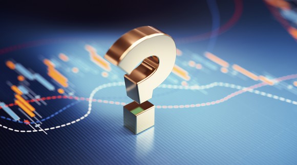 Gold question mark on top of a stock chart