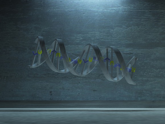 3D rendering of a strand of DNA against a blue-gray background.