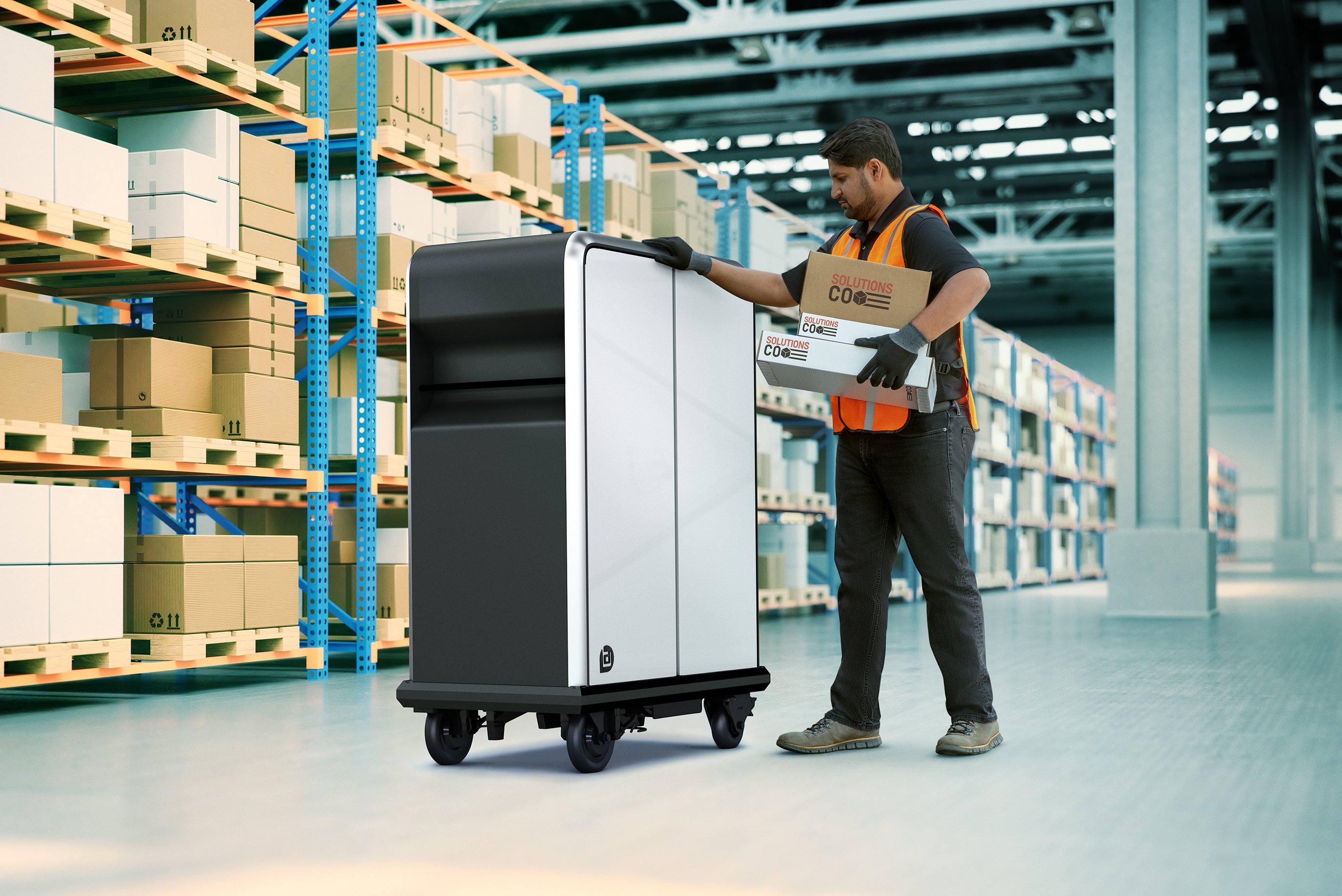 A worker with an EP1, which resembles a filing cabinet on wheels. 