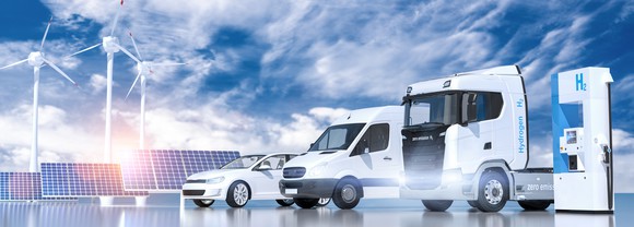hydrogen fueling station with truck, van, and car