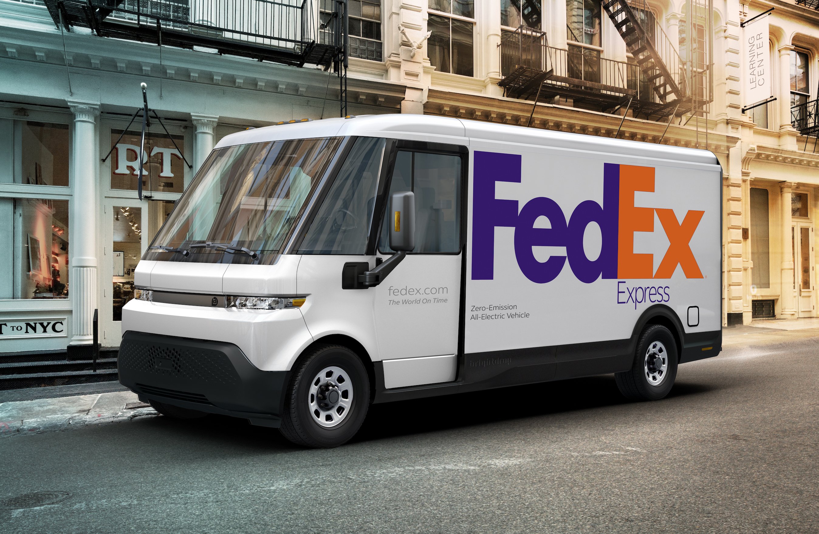 A BrightDrop EV600 electric delivery van with FedEx branding. 
