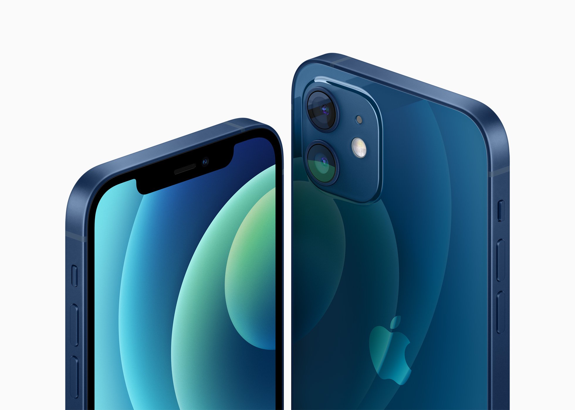 A front and back view of the iPhone 12.