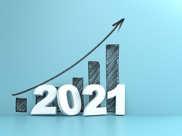 An upward-trending bar graph with the numbers "2021" in front of it. 