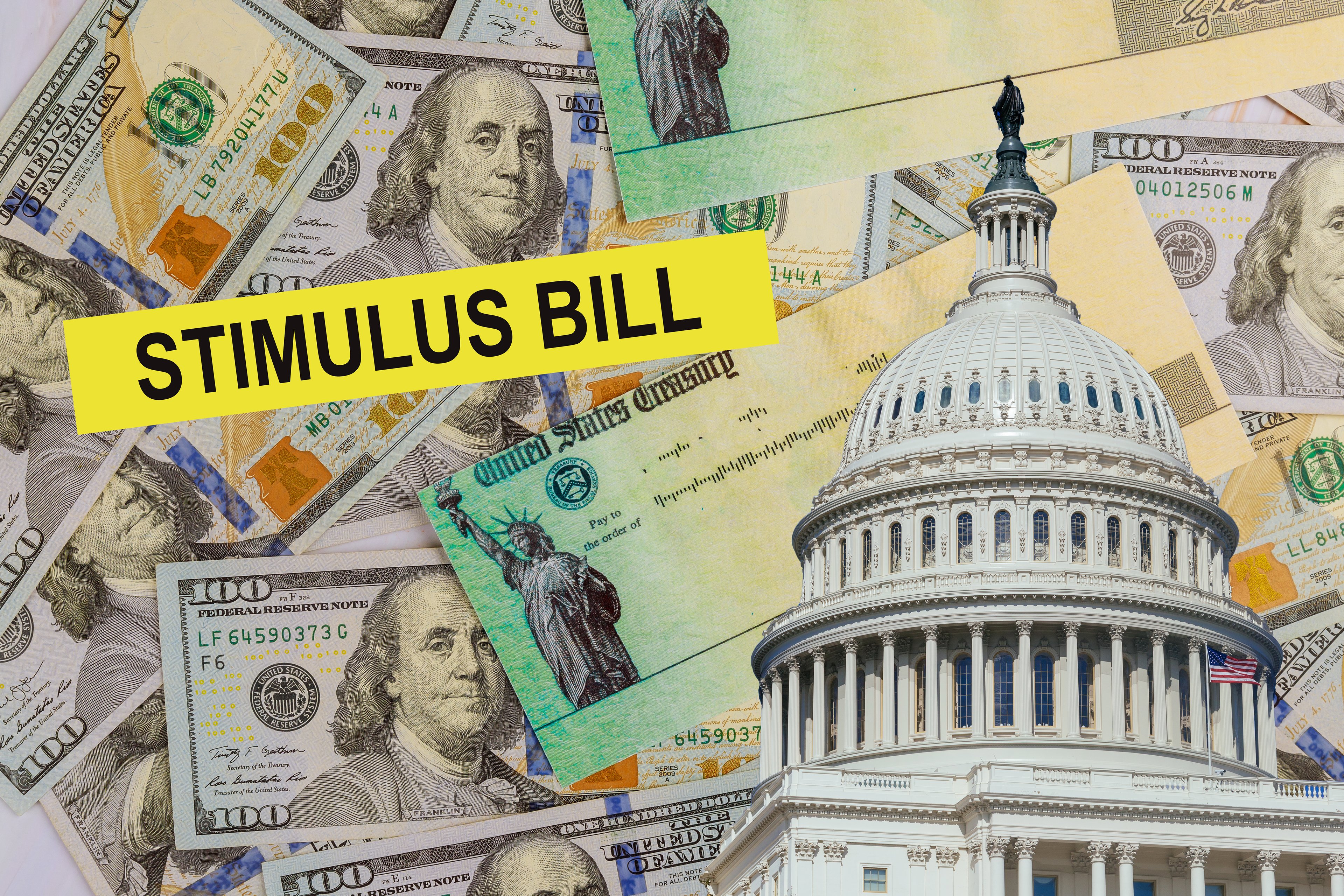 A pile of hundred dollar bills and an image of the capitol building, with the words "stimulus bill" 