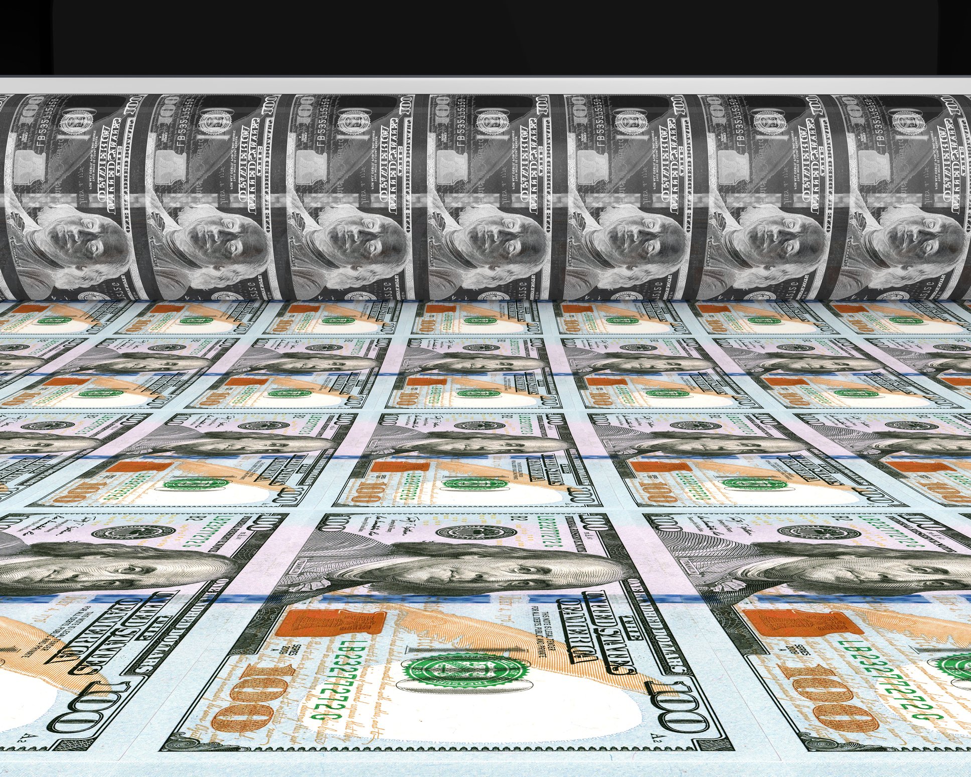 A rendering of U.S. $100 bills being printed.