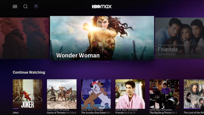 HBO Max home screen on tvOS, featuring a large image of Wonder Woman.