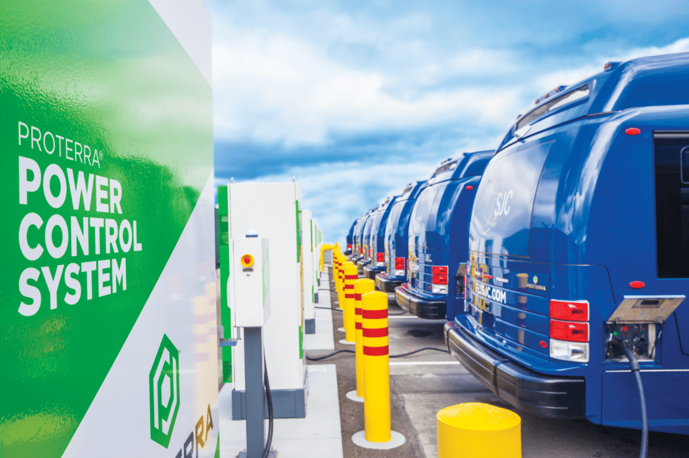 A fleet of Proterra vehicles charging