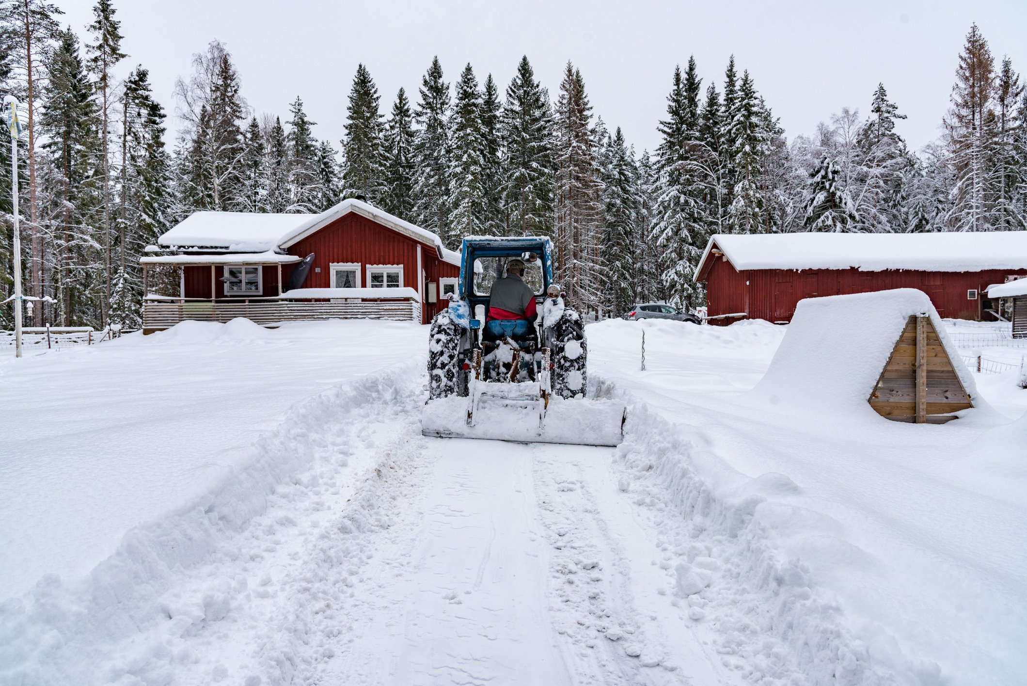 A tractor clears snow on a farm.
