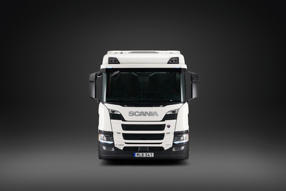 Front view of a Scania truck.