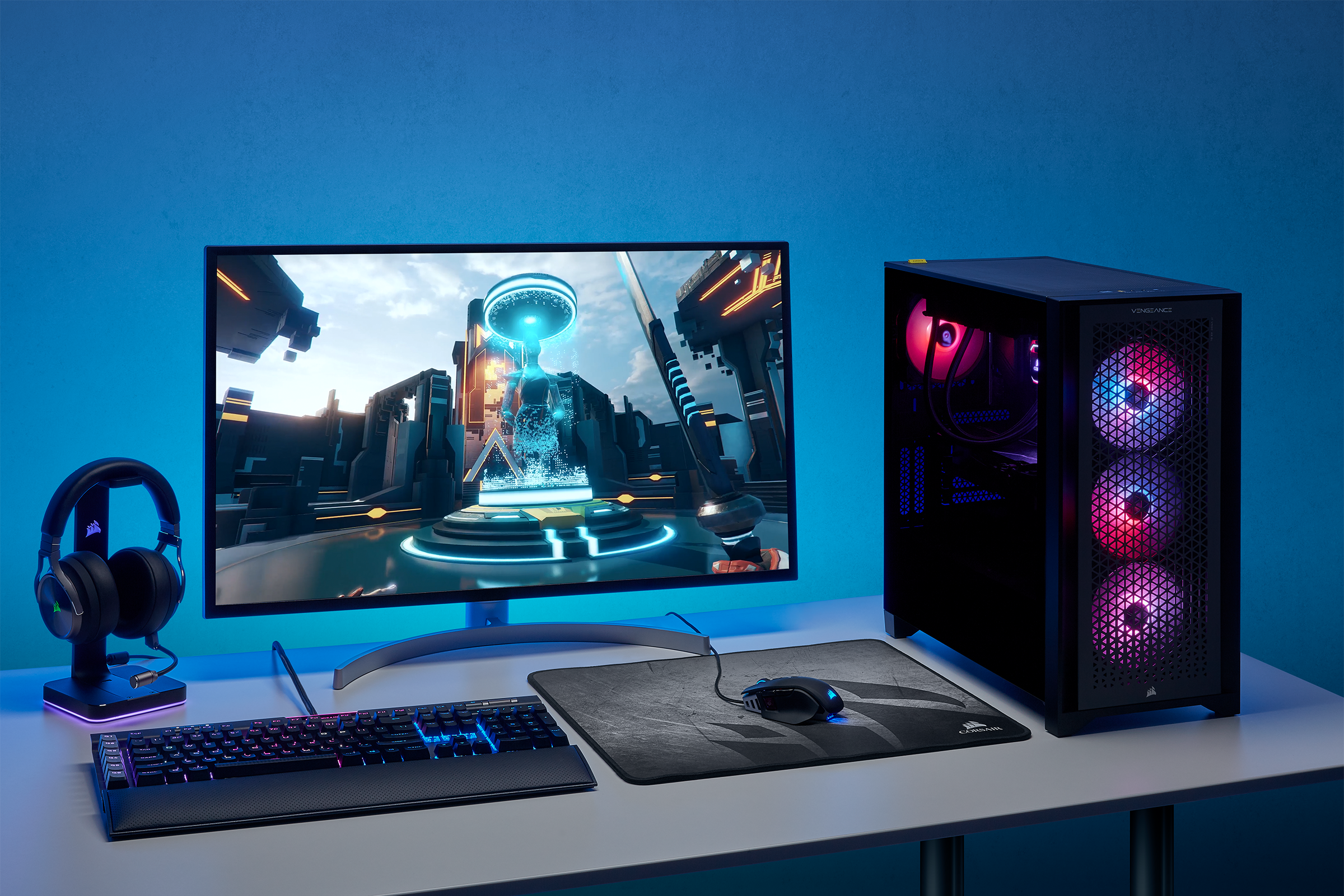 Custom gaming PC setup made by Corsair