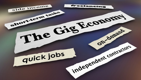 Newspaper headline clippings reading "Gig Economy", "Quick Jobs", "Independent Contractors", etc.