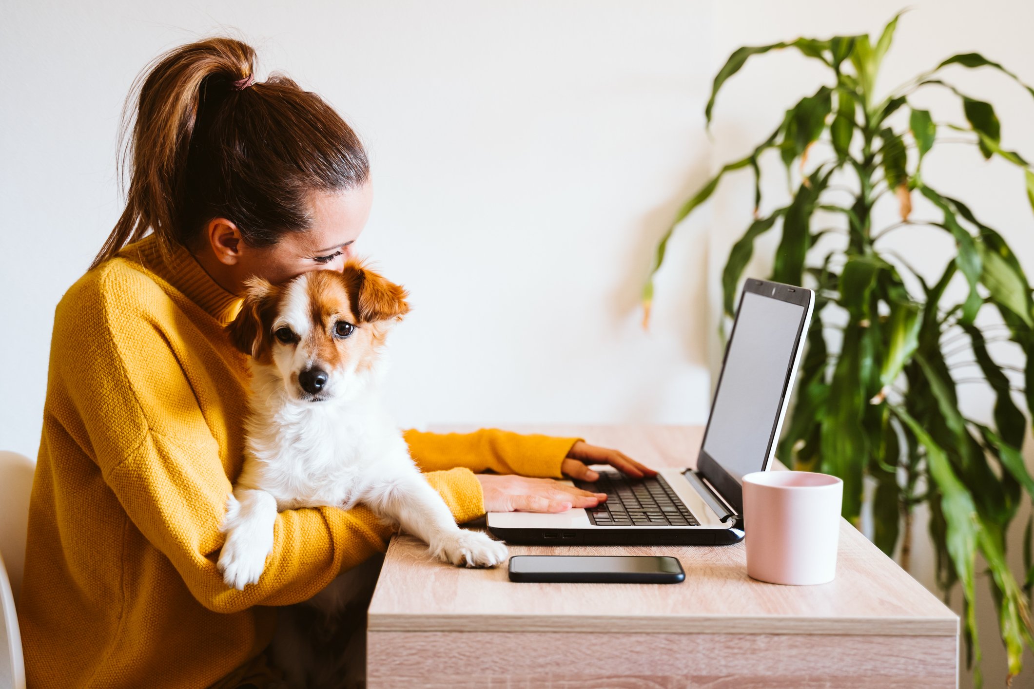 A woman hugging her dog while she is on her laptop.