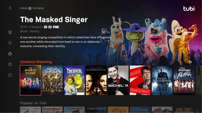 Tubi homescreen displaying The Masked Singer.