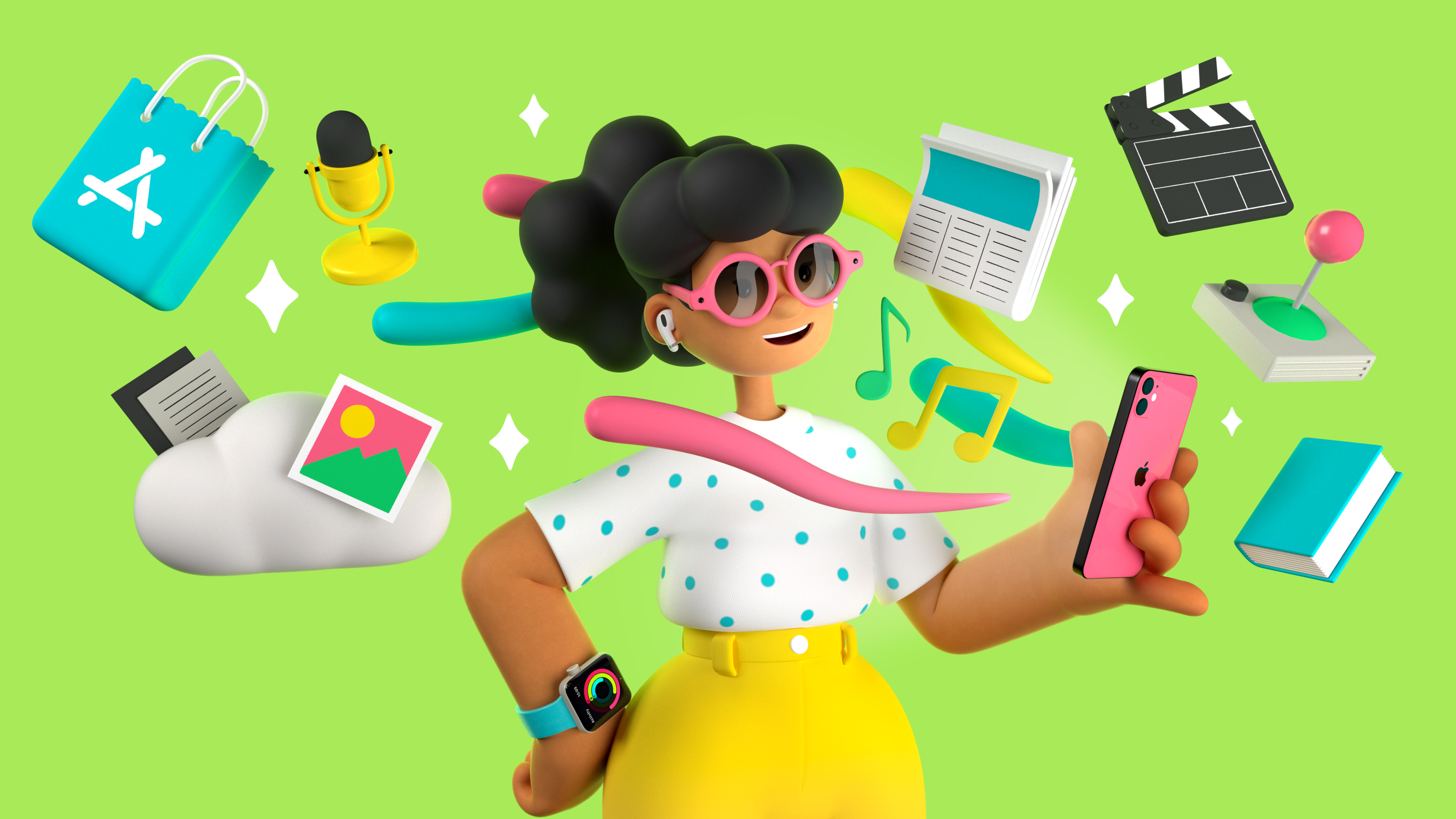 A cartoon woman wearing an Apple Watch and holding an iPhone.