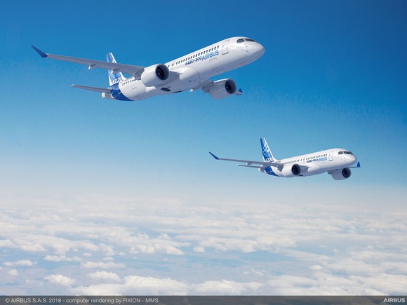 A rendering of an A220-100 and an A220-300 in flight
