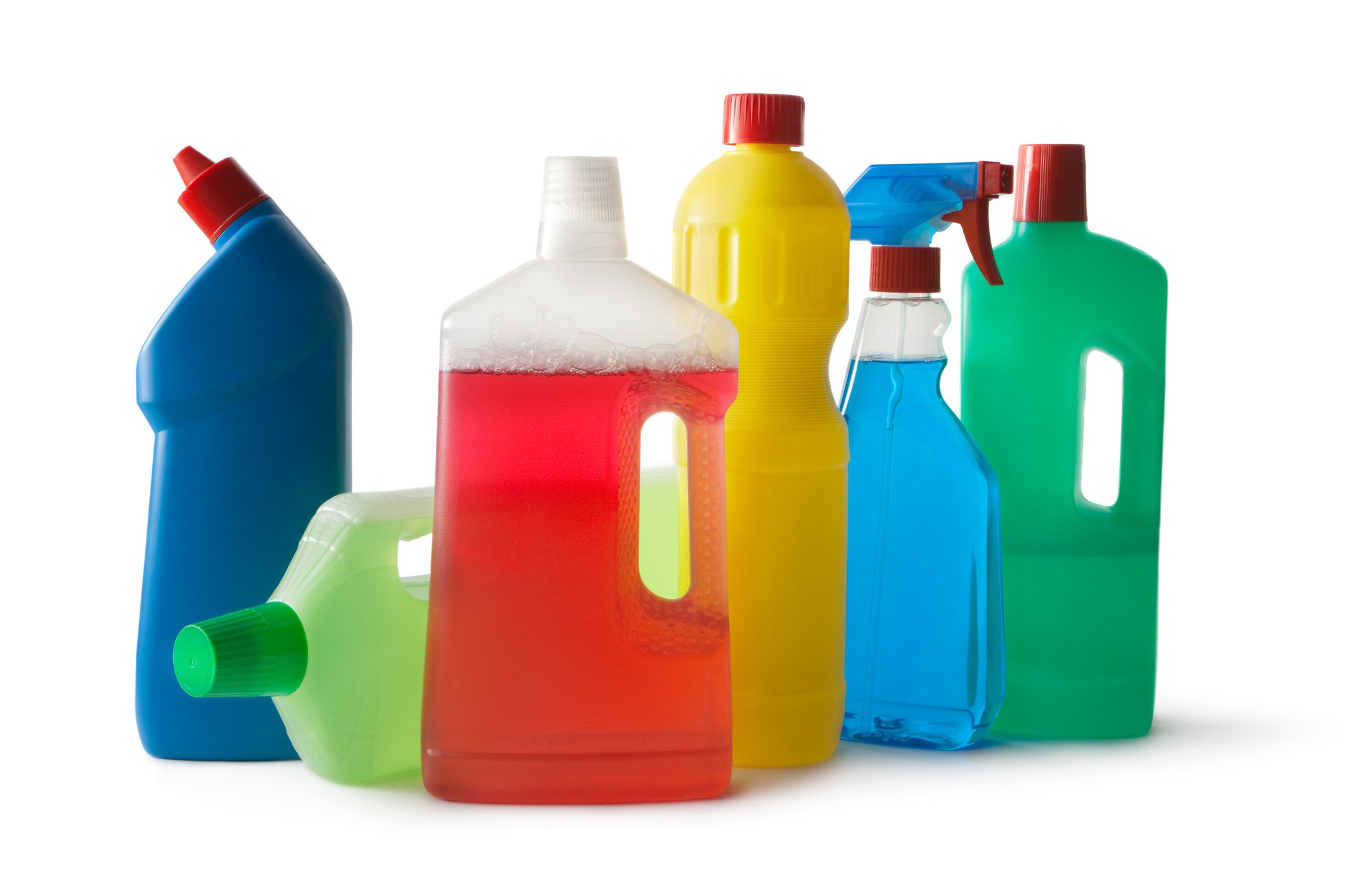 6 Bottles of detergent, bleach and cleaning liquids