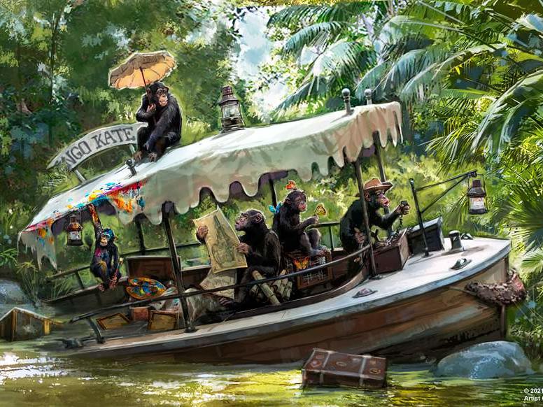 Concept art for Jungle Cruise where a wrecked skipper ship is overtaken by chimpanzees.