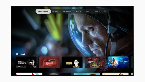The Apple TV+ home screen displayed on a television set.