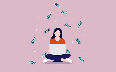 Girl sitting with cash falling
