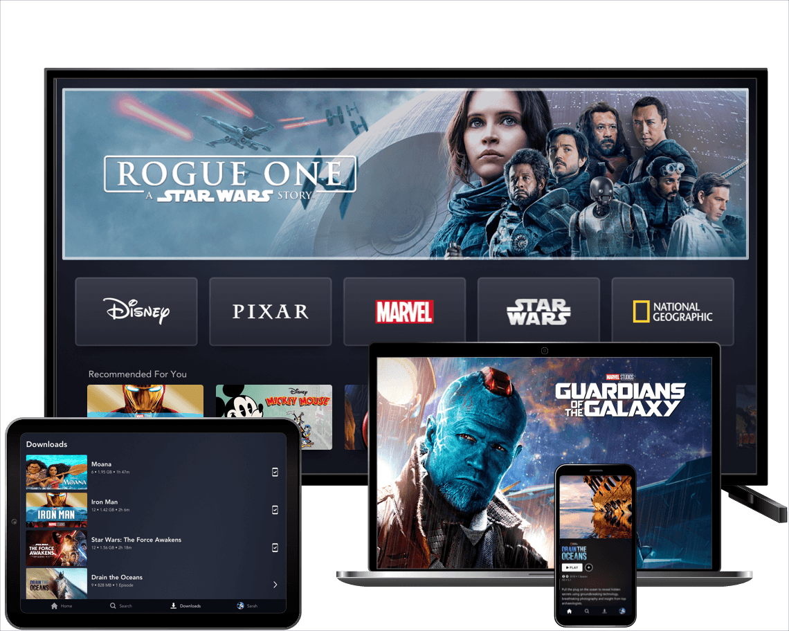 Disney+ content on tv, laptop, and phone screens