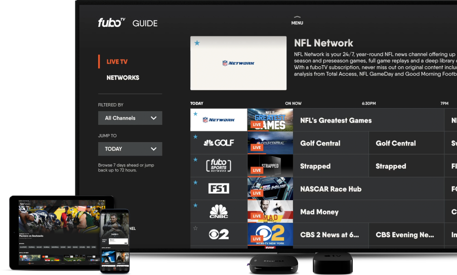 fuboTV interface displayed on a TV, a tablet, and a smartphone