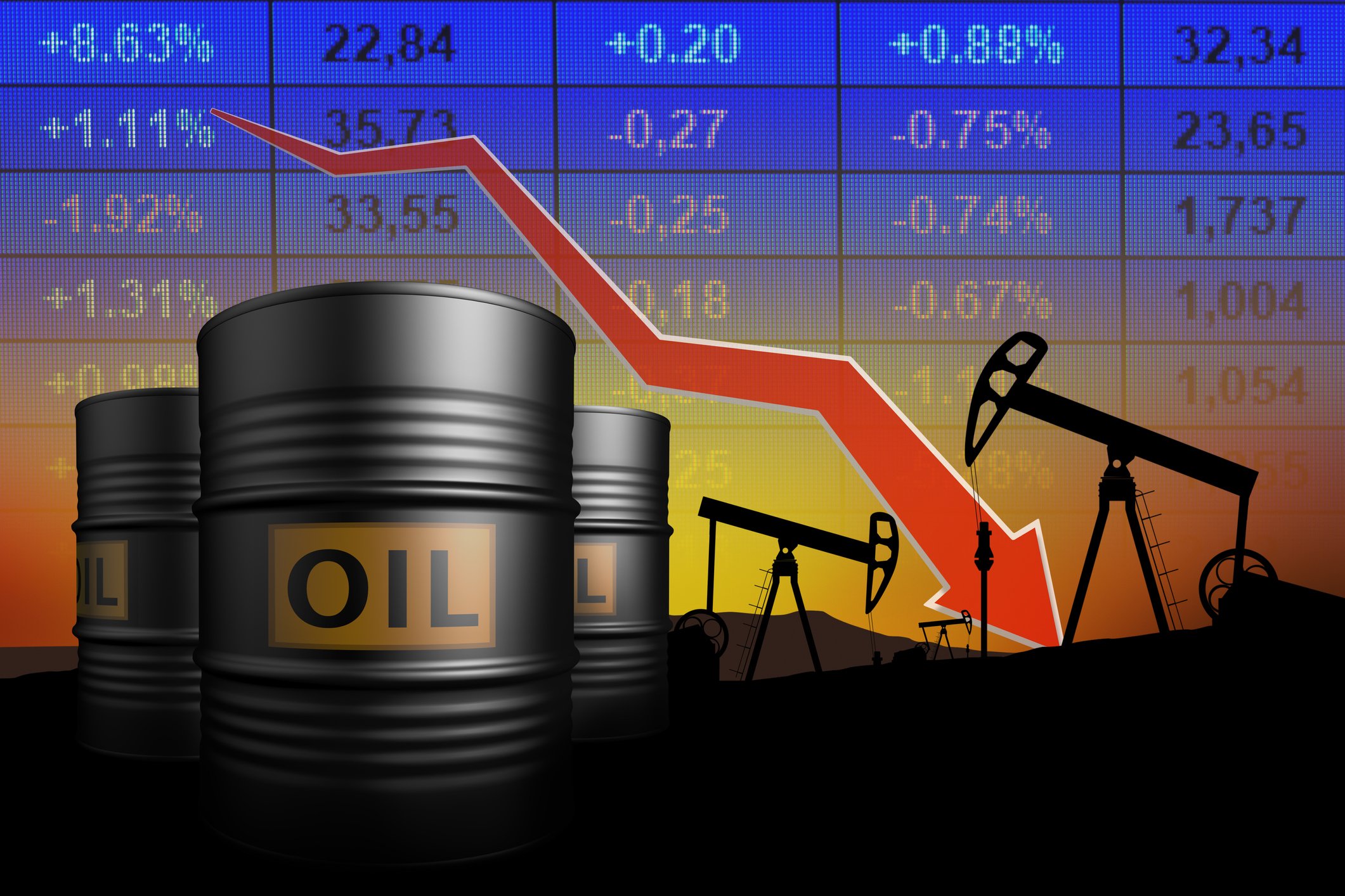 Image of oil barrel with crashing chart behind. 