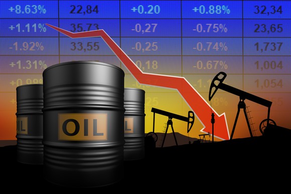 Image of oil barrel with crashing chart behind. 