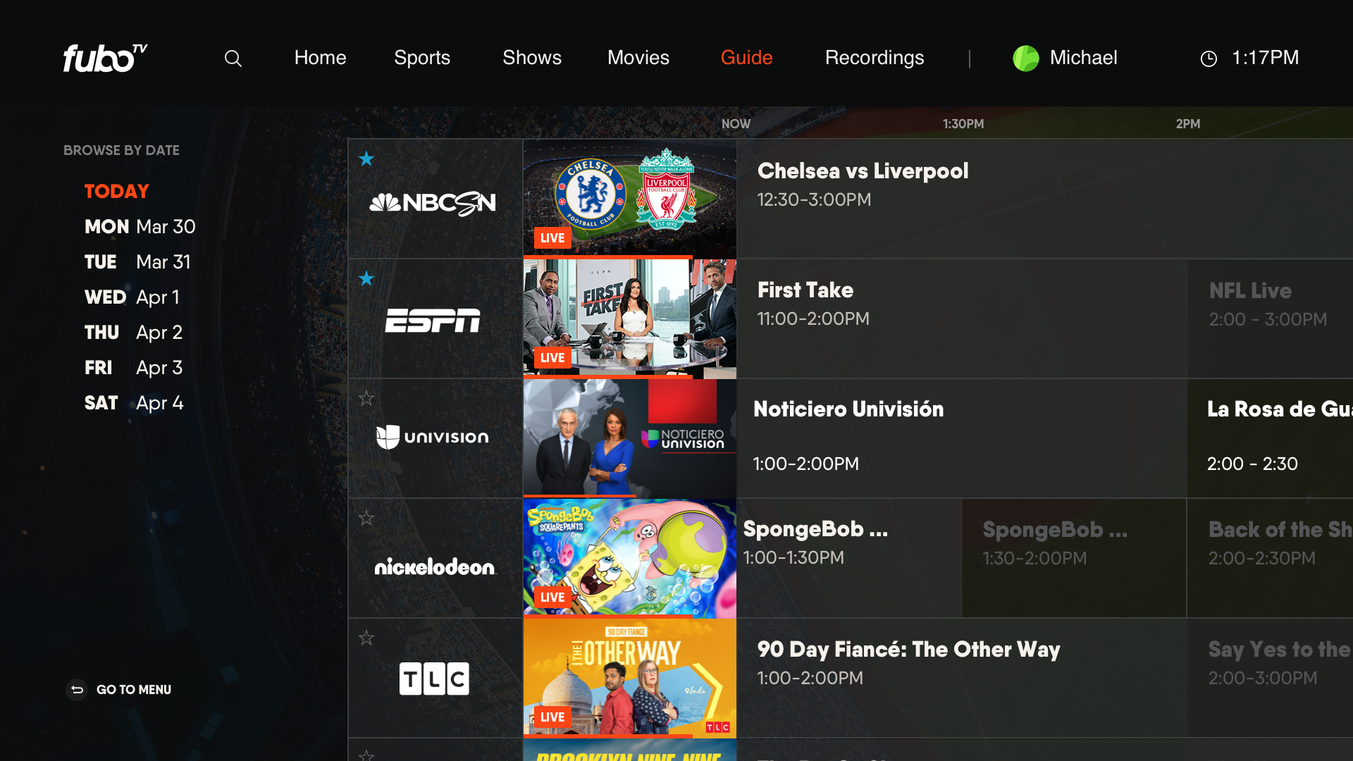 fuboTV interface on a smart TV