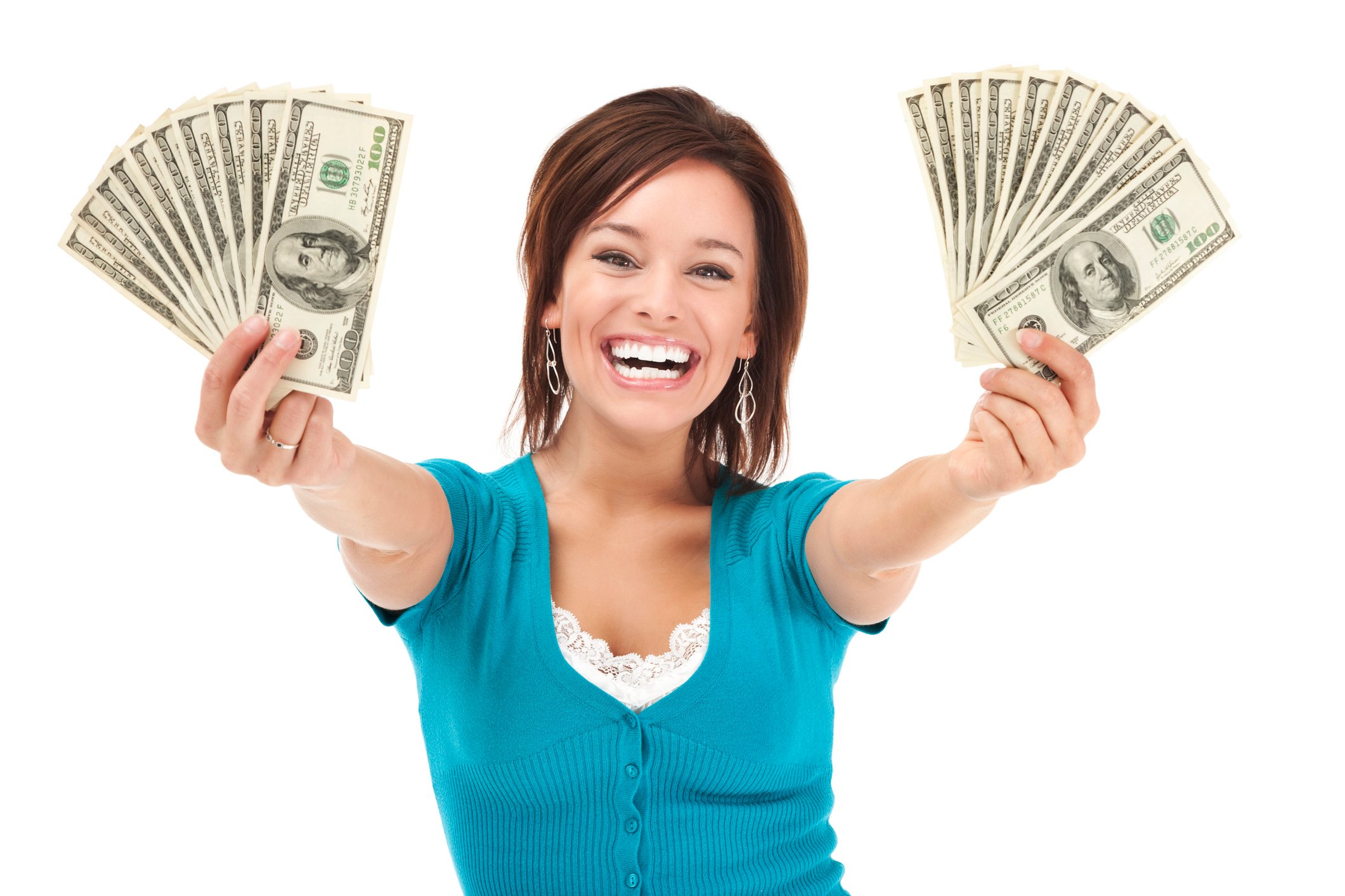 Woman holding $100 bills in both hands