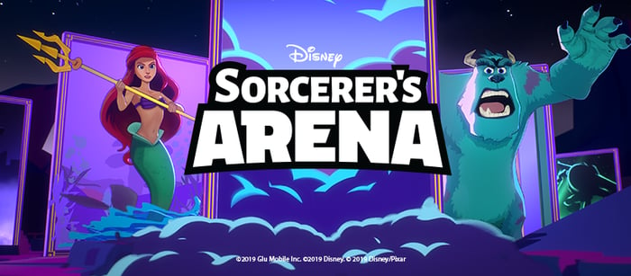 The logo for Disney Sorcerer's Arena with the mermaid Ariel and the blue monster Sully from Monsters Inc.