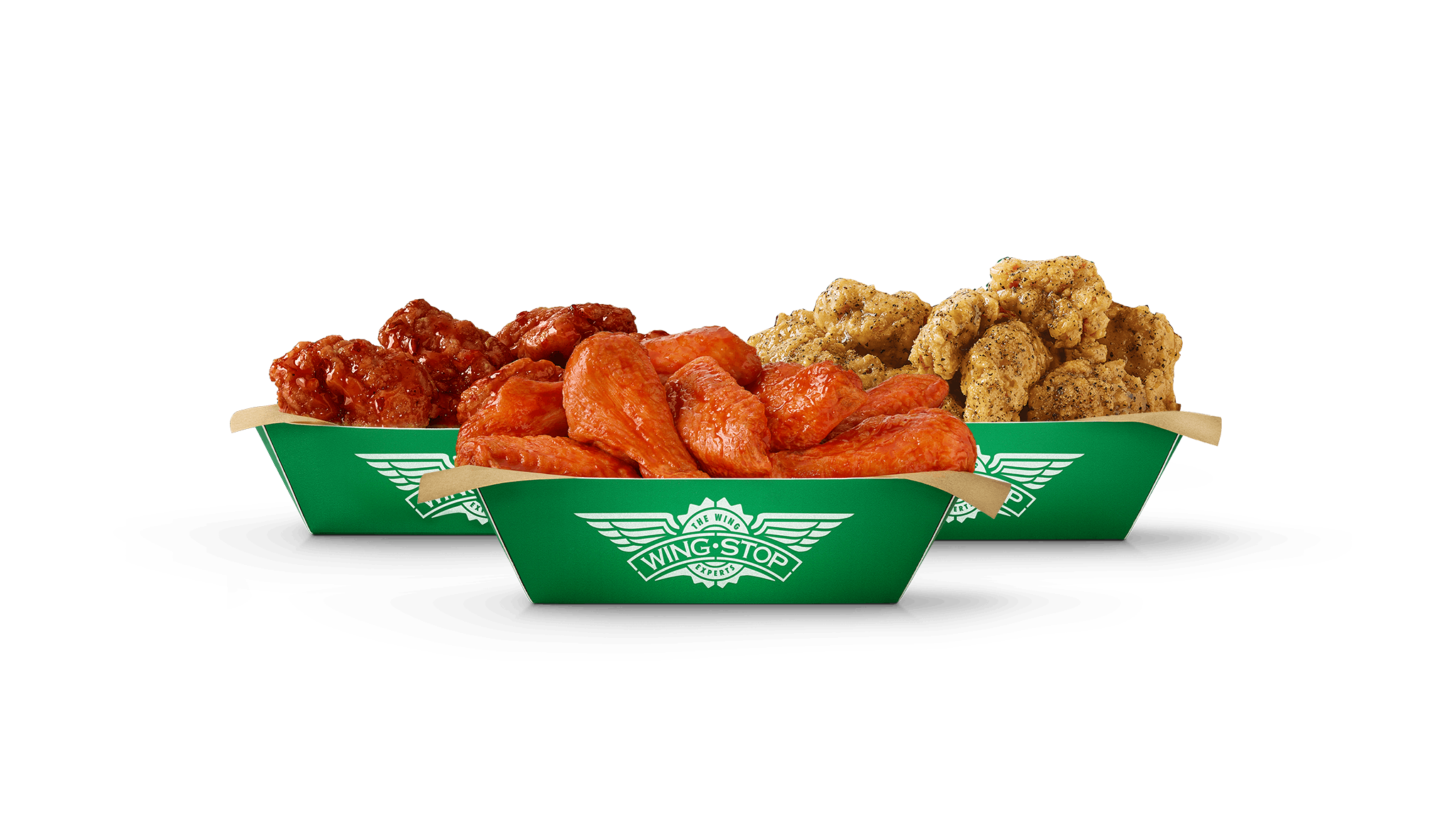 Three servings of Wingstop chicken wings, boneless wings, and chicken tenders.