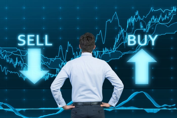 Man looking at a stock chart with a Sell arrow pointing down and a Buy  arrow pointing up.