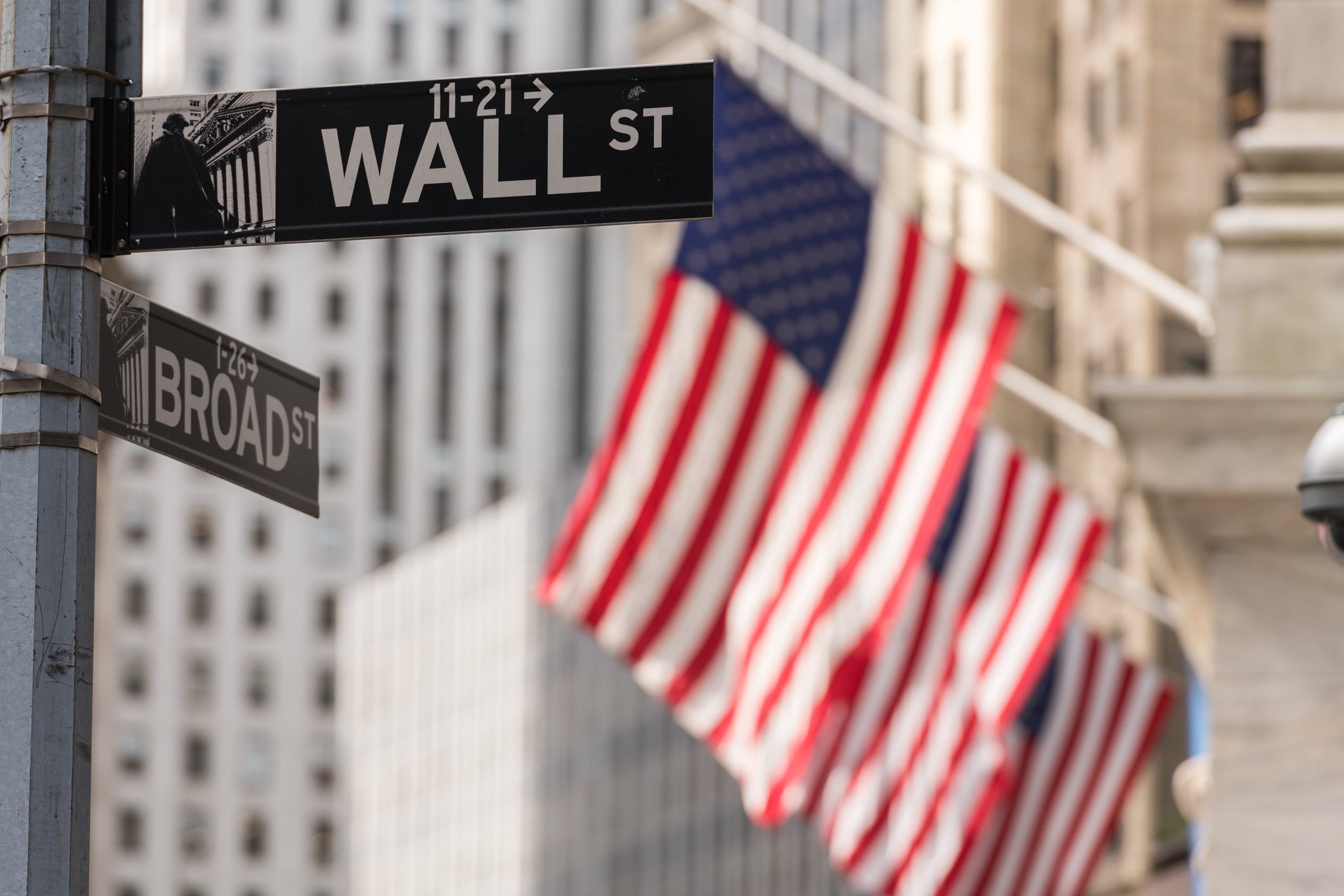 American flags and street signs at the intersection of Wall Street and Broad Street. 