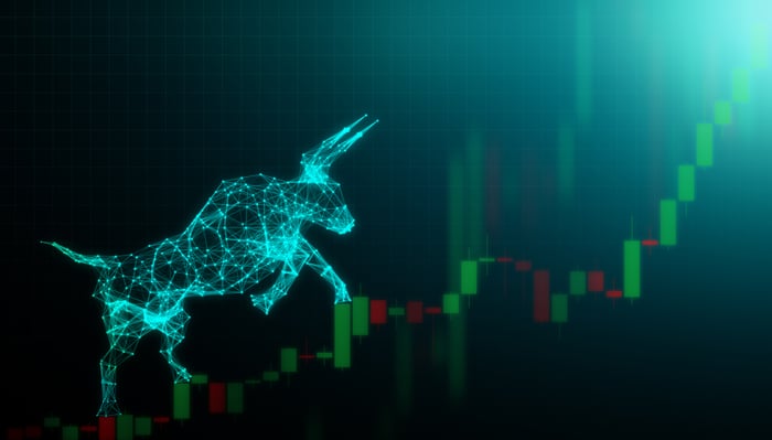 A digital bull is climbing an upwardly sloping stock chart.