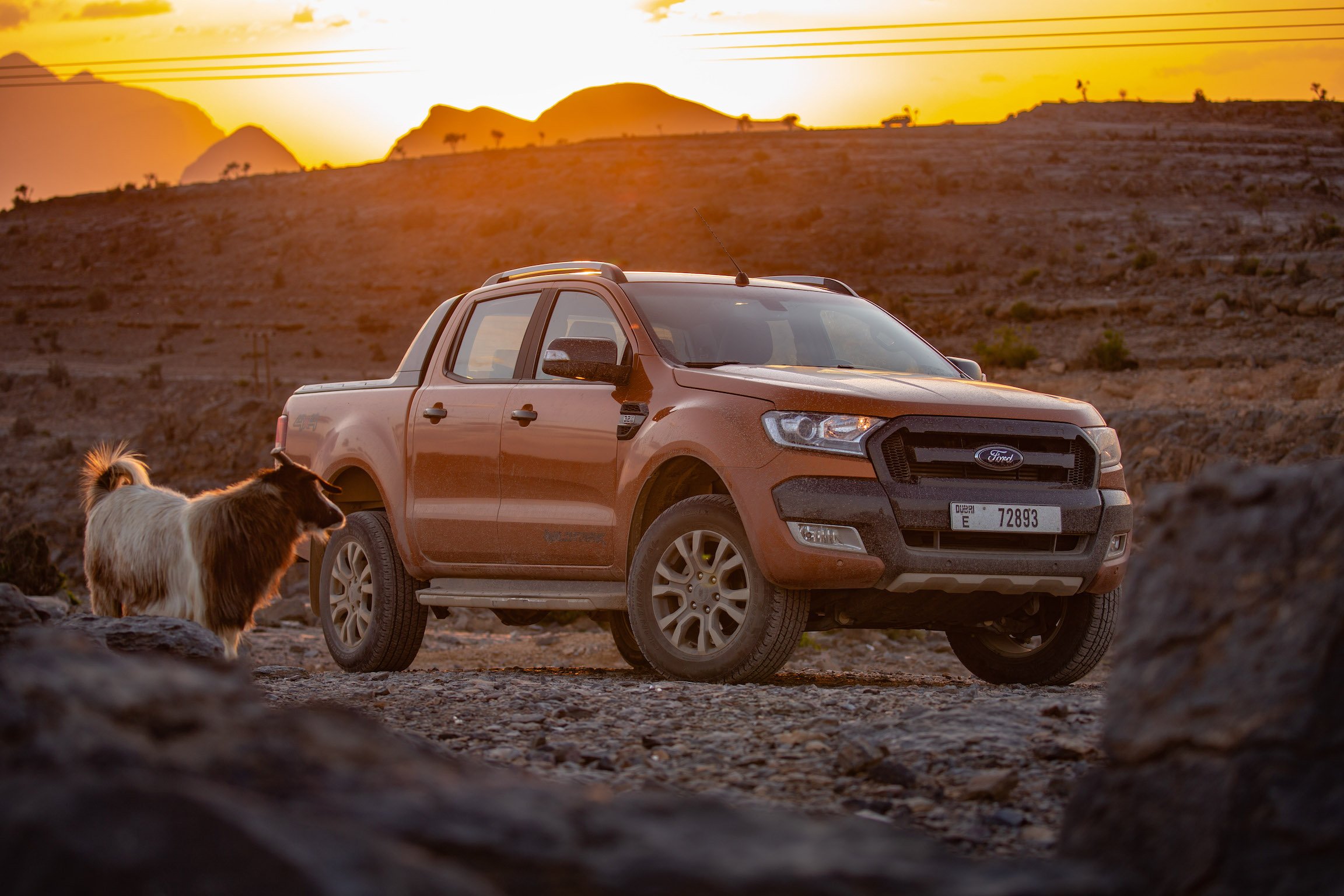 A South-African-built Ford Ranger, parked in a desert. 