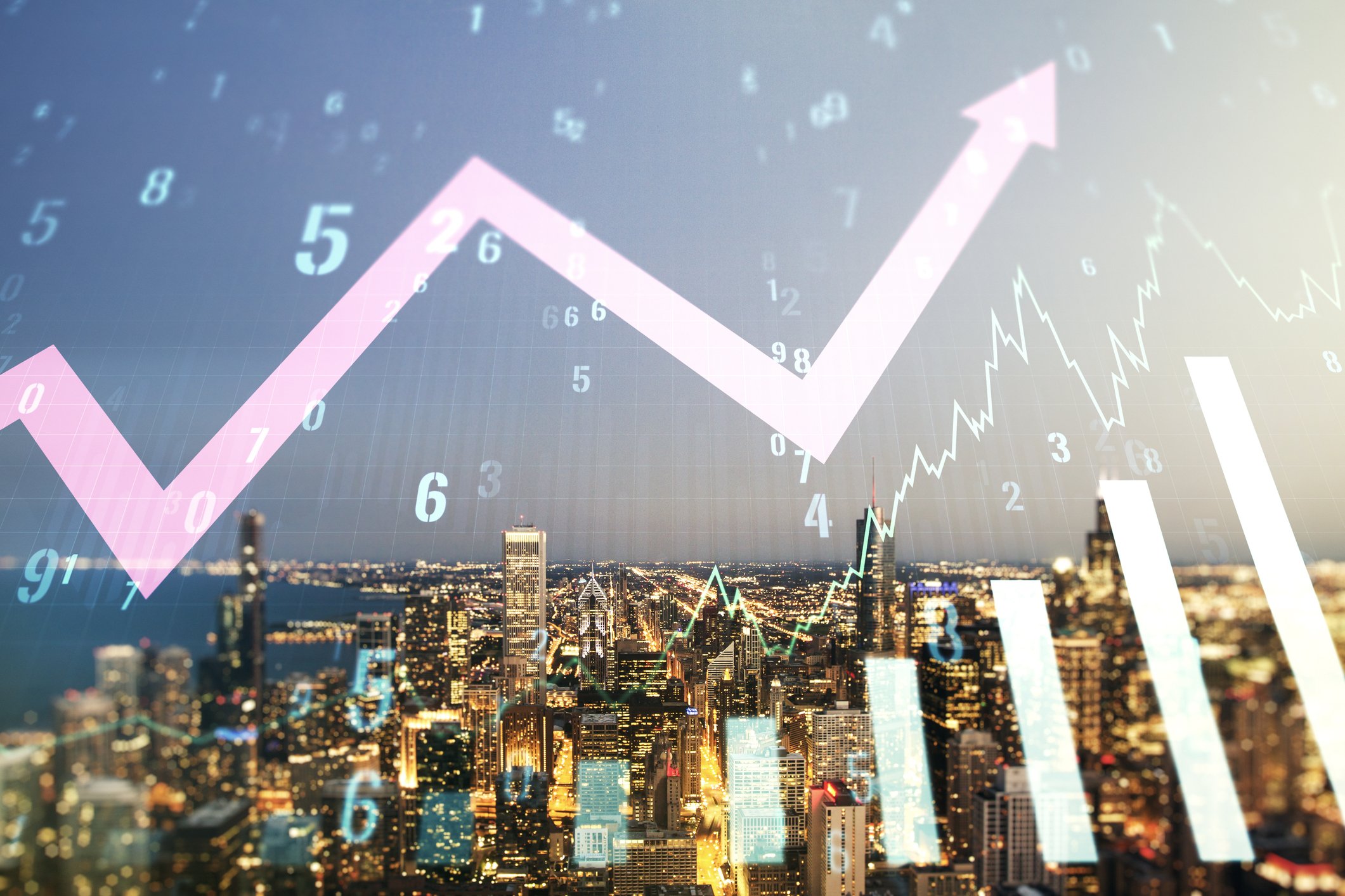 City skyline with upward stock chart. 