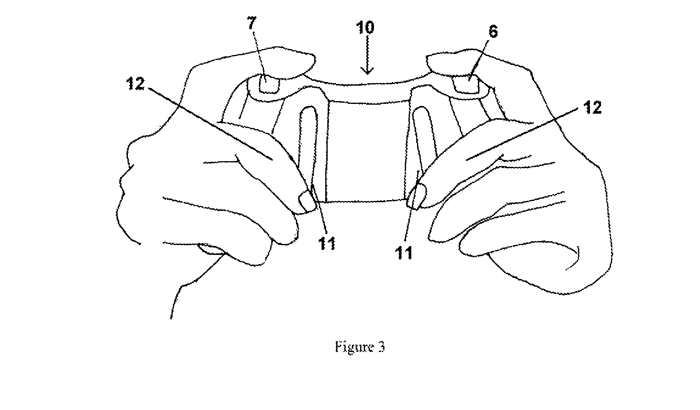 Line drawing of two hands holding a video game controller with control pads near the resting middle fingers.