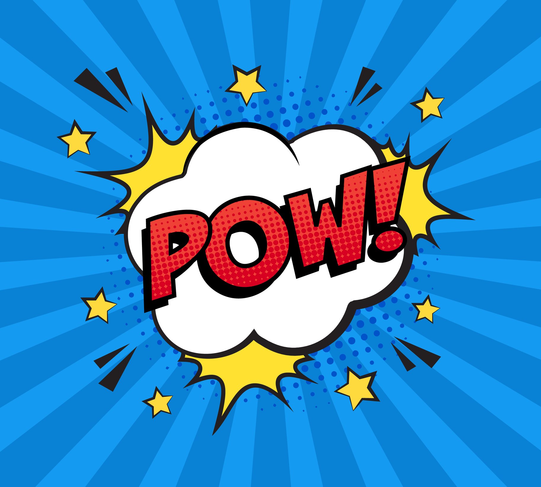 The word POW written on a cartoon cloud surrounded by stars