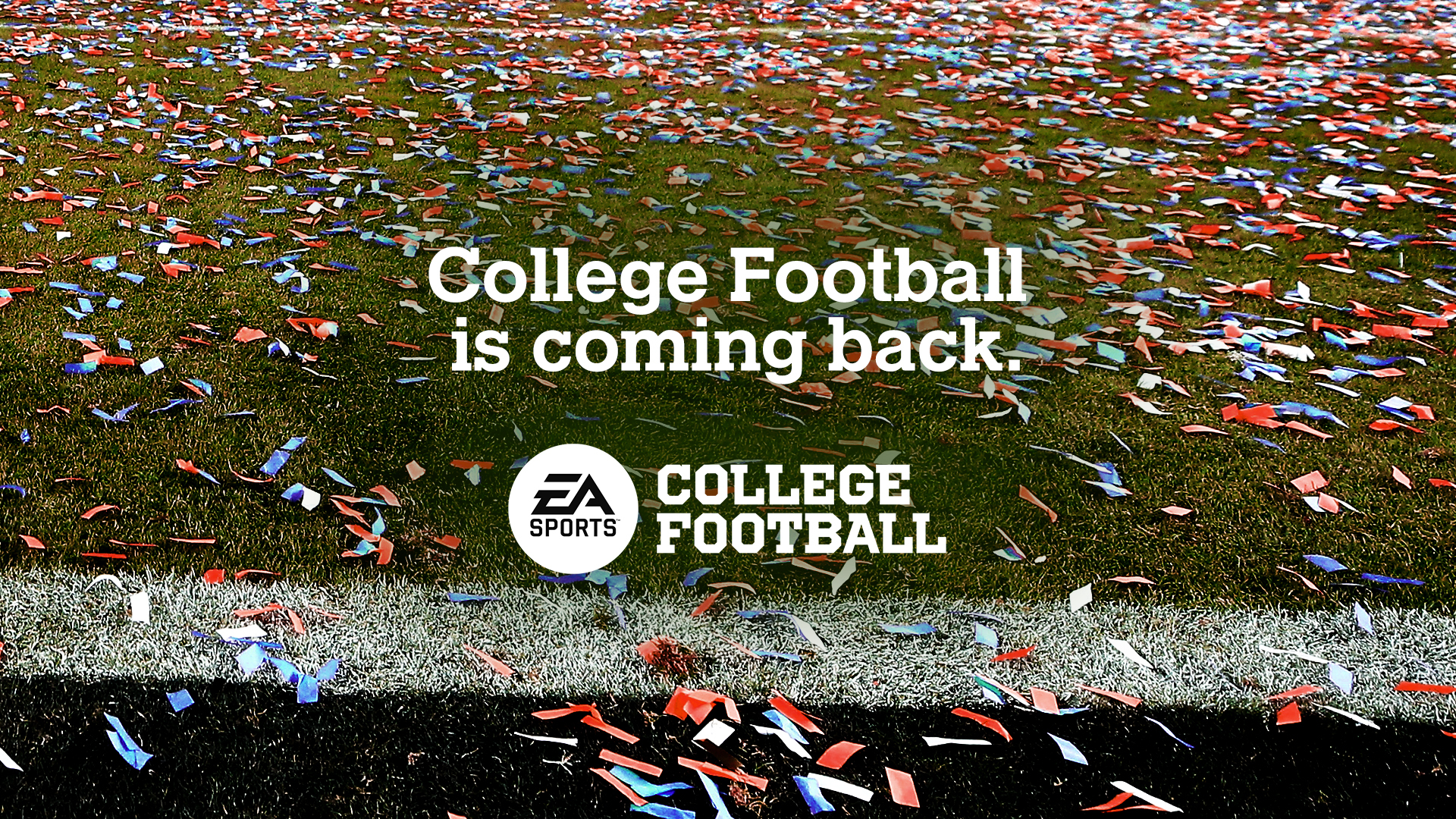 The EA Sports College Football logo and the words college football is coming back shown over a football field.