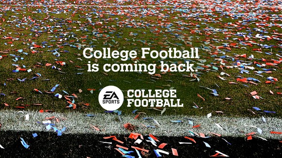 The EA Sports College Football logo and the words college football is coming back shown over a football field.