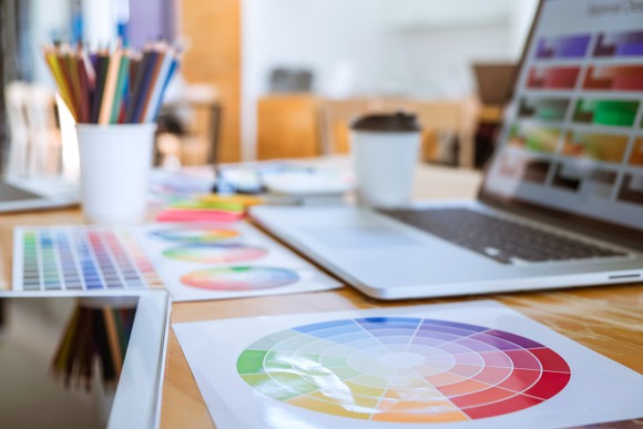 A graphic designer object tool and color swatch samples in a workspace.