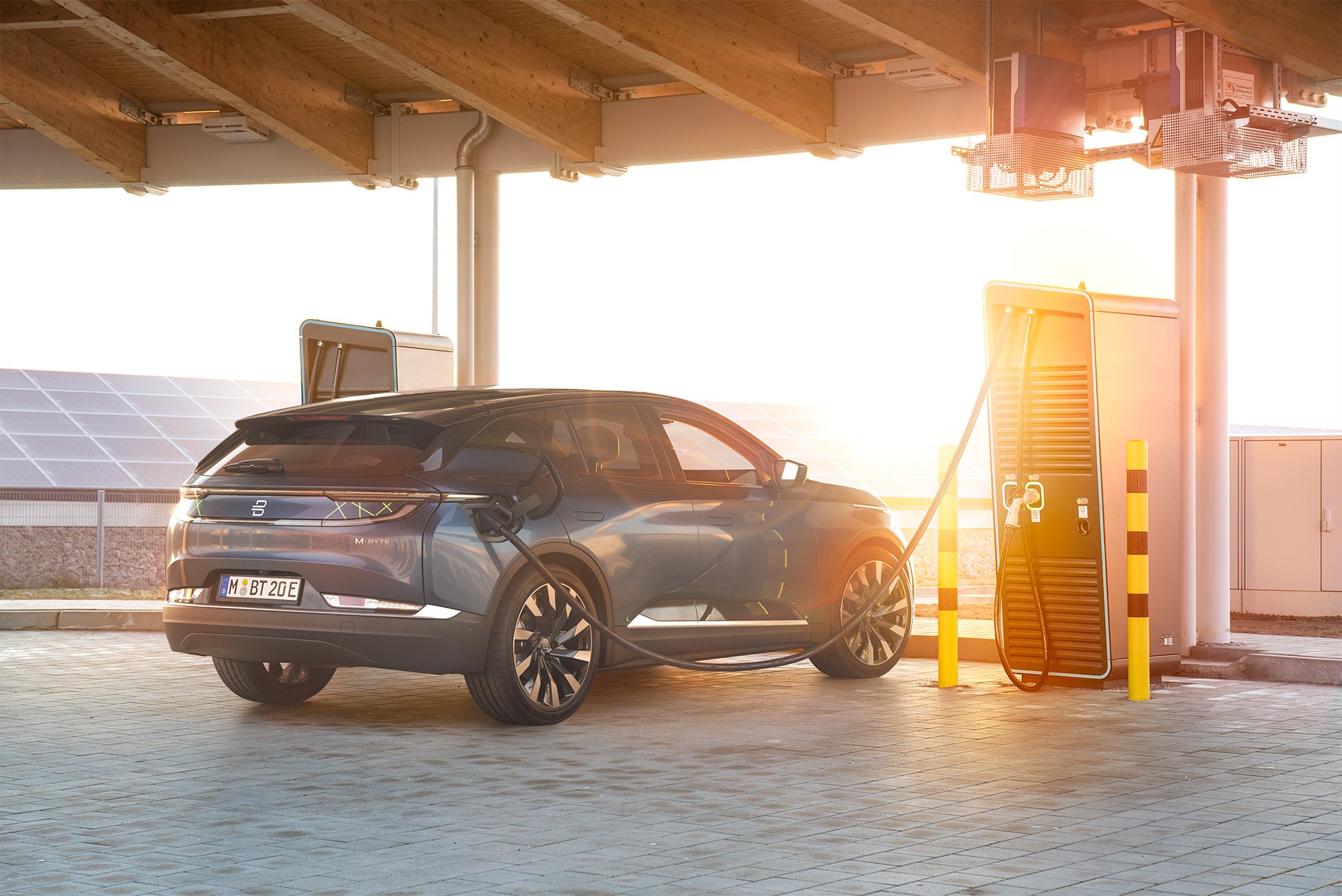 A prototype Byton M-Byte, an electric SUV, at a recharging station.