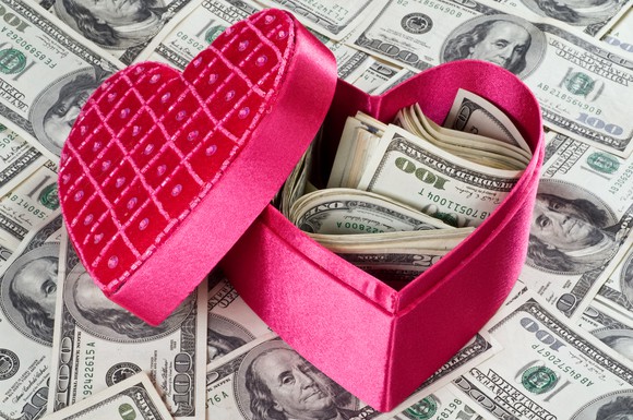 A red heart-shaped box filled with hundred dollar bills, sitting on hundred-dollar bills.