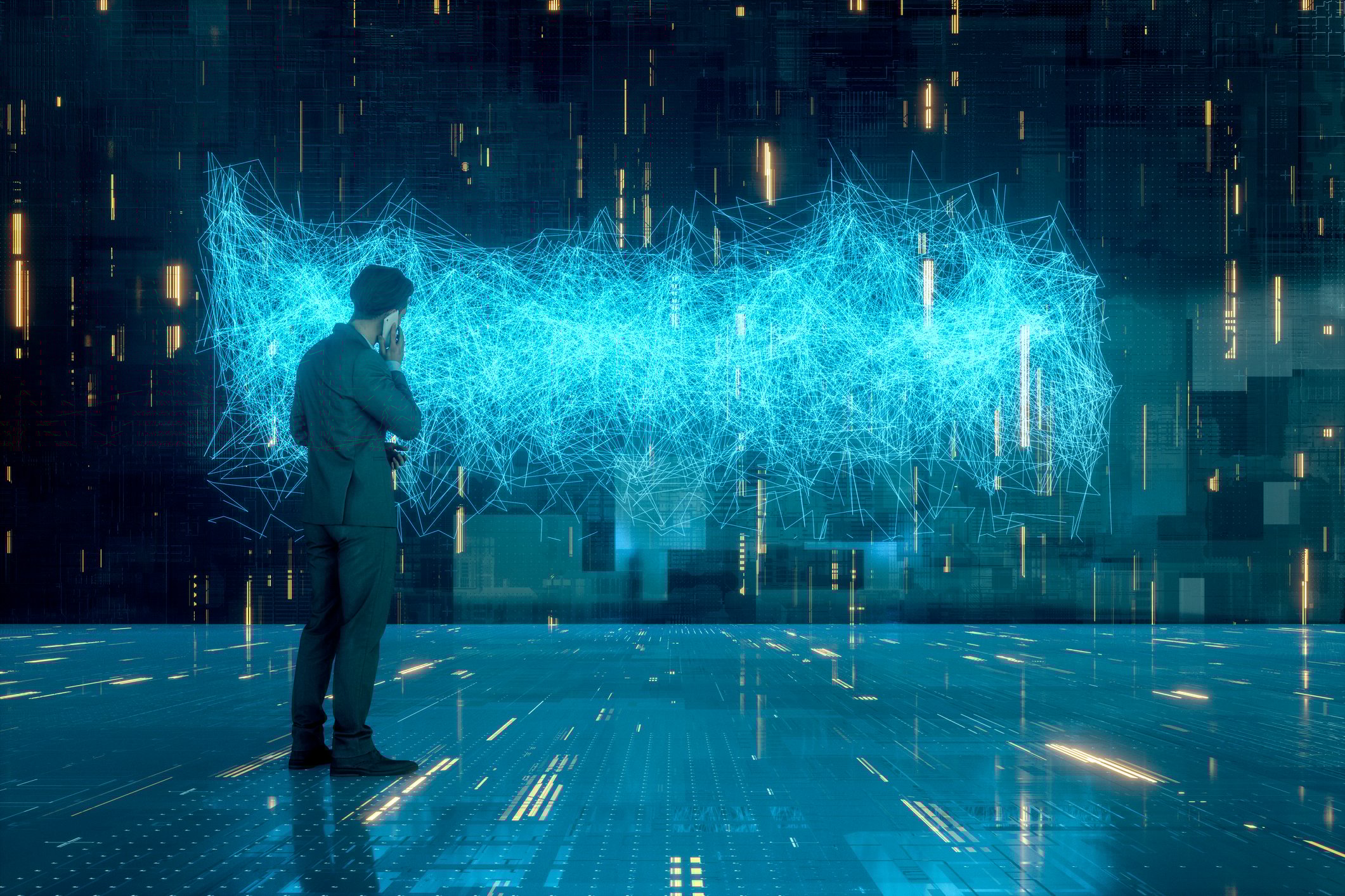 A man looks at a cloud of data.