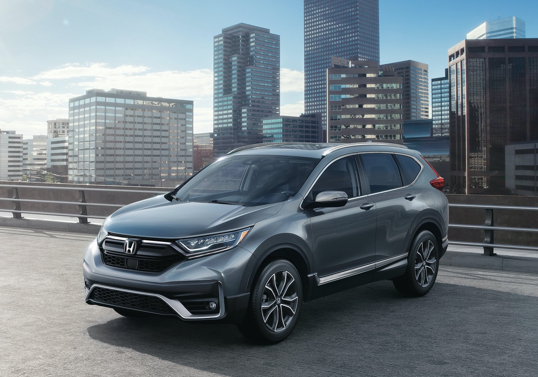 A silver 2020 Honda CR-V, a compact crossover SUV.