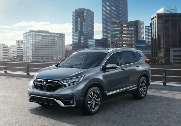 A silver 2020 Honda CR-V, a compact crossover SUV.