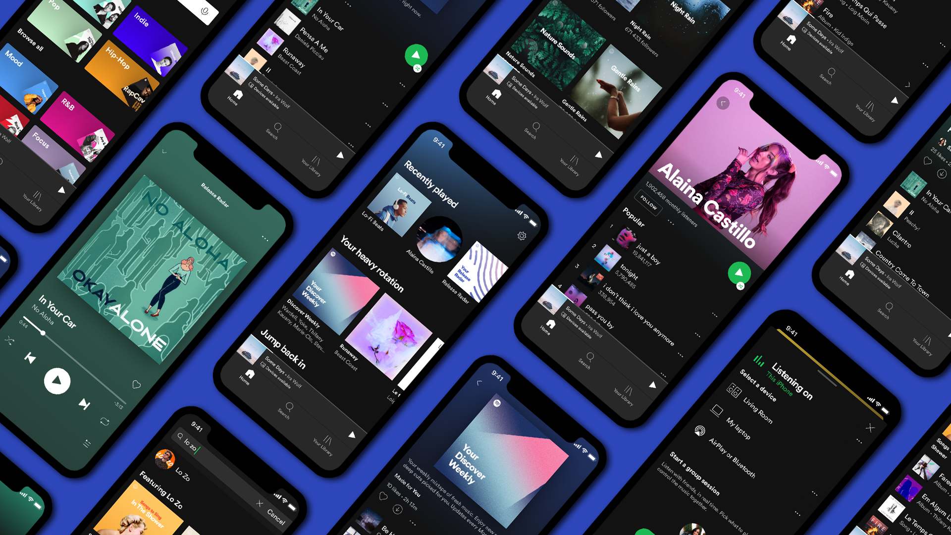 Smartphones displaying various screens from the Spotify app.