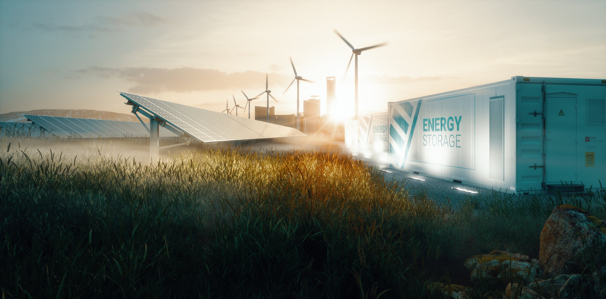Wind, solar, and energy storage in a field.